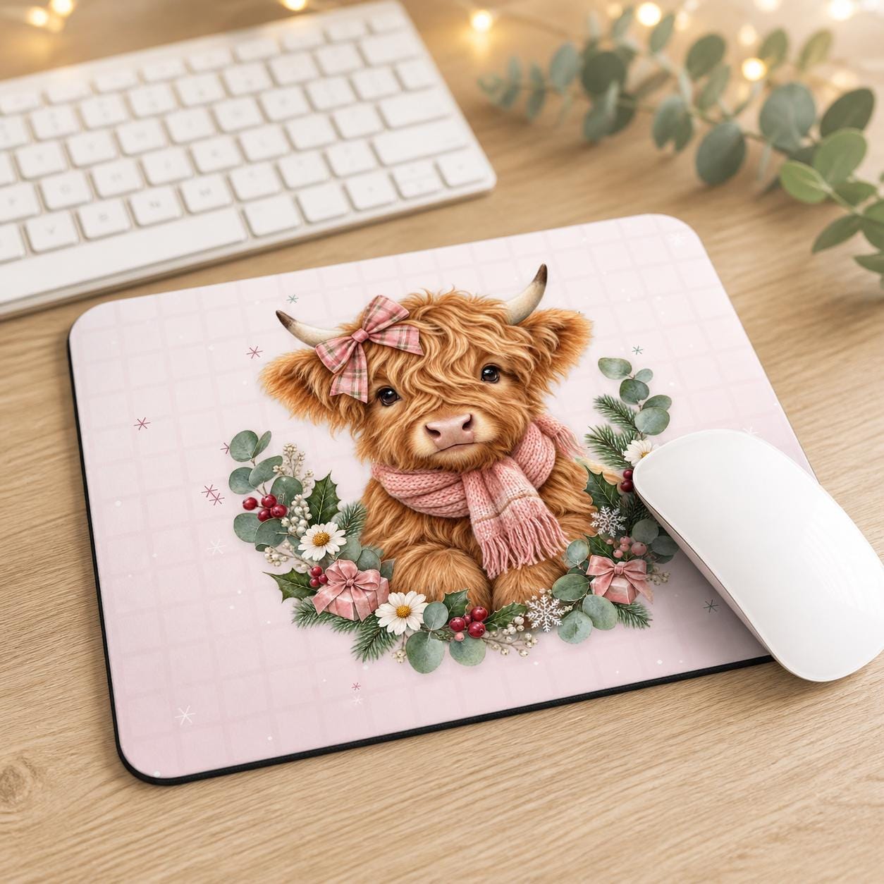 Pink Christmas Highland Cow Mouse Mat